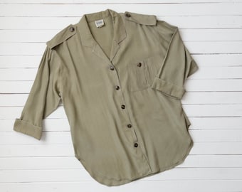 beige green blouse | 80s 90s plus size vintage minimalist greige dark academia style oversized button down shirt
