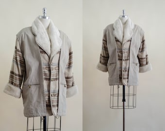 greige suede wool coat | 80s 90s vintage southwestern pattern faux fur shearling leather blanket coat