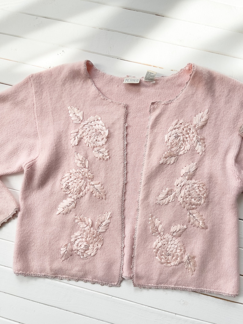 pastel pink sweater 80s 90s vintage soft fuzzy ribbon embroidered cardigan image 4