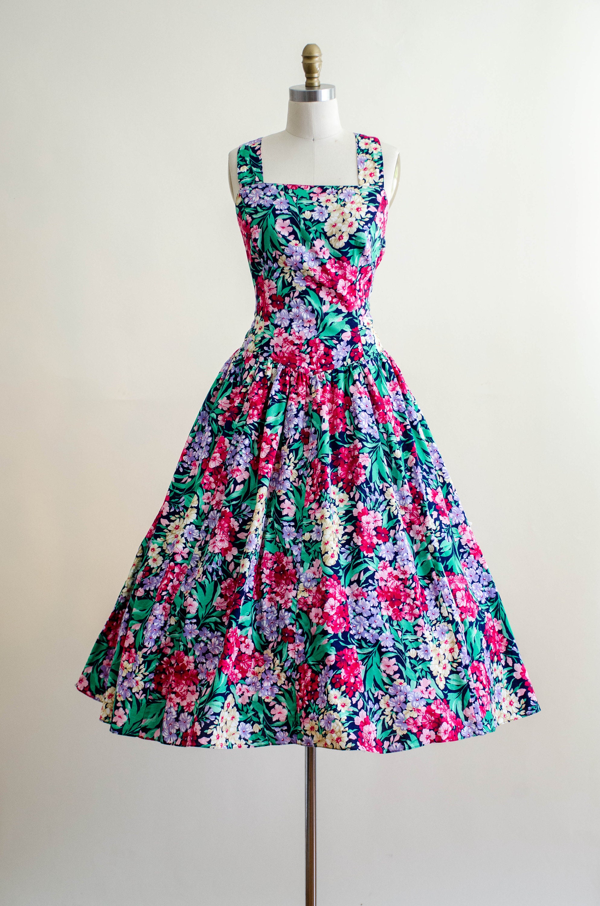 50s style dress 80s Geary Roark Kamisato floral cotton cross | Etsy