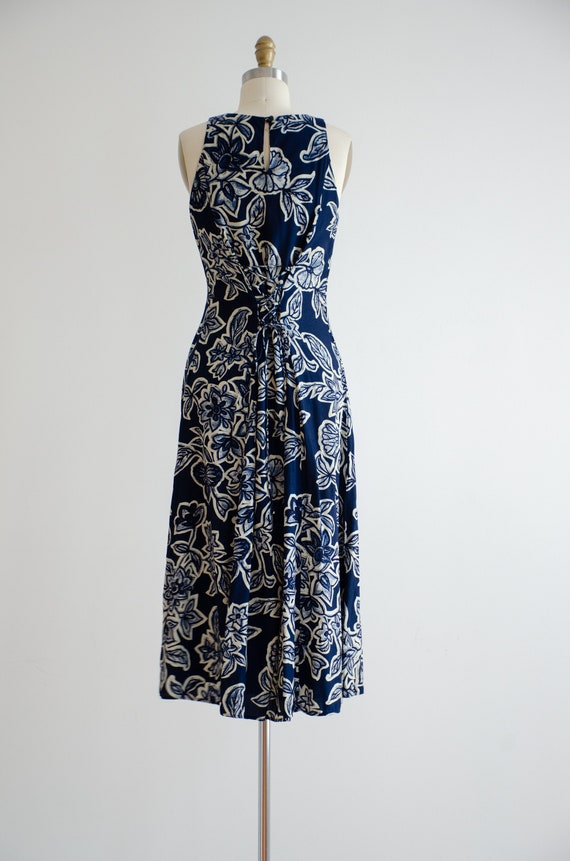 navy midi dress 90s vintage dark blue batik flora… - image 6