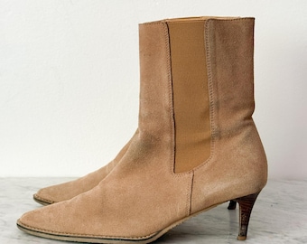 Banana Republic Suede Pointed Toe Kitten Heel Ankle Boots y2k 9.5 Tan Minimalist