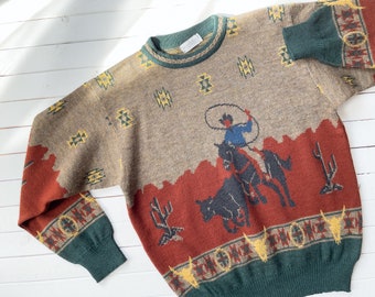 wool sweater 90s vintage Tricots St. Raphael cowboy horse cactus intarsia sweater