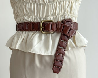 brown braided leather belt 90s vintage brown woven leather statement belt