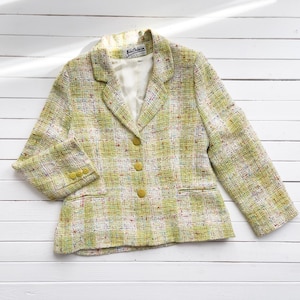 vtg y2k Alain Chabason lime green rainbow tweed plaid blazer jacket