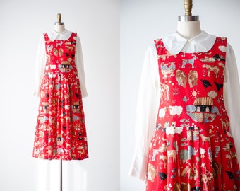 cute cottagecore dress | 80s 90s vintage Noah's Ark animal novelty print red sleeveless pinafore dress