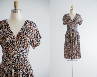 abstract midi dress | 80s 90s vintage Ann Tjian Kenar black brown orange geometric patterned fit and flare rayon dress