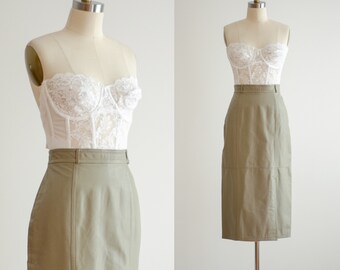 bruine leren rok jaren 80 vintage greige lange kokerrok met paddenstoel