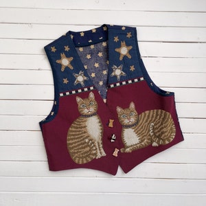 cat tapestry vest 80s 90s plus size vintage navy red americana folk style embroidered vest image 1