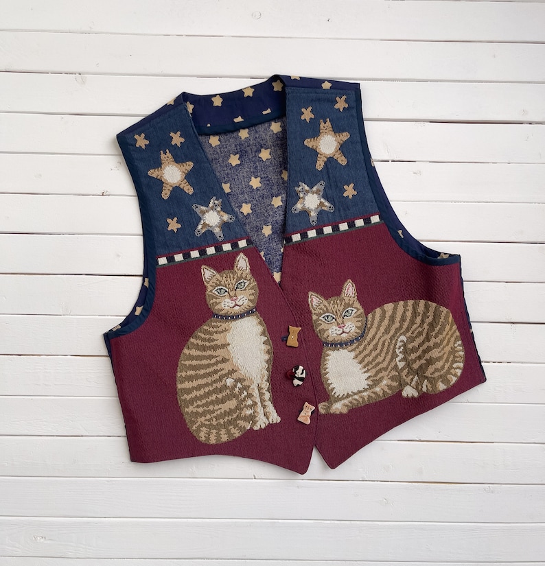 cat tapestry vest 80s 90s plus size vintage navy red americana folk style embroidered vest image 1