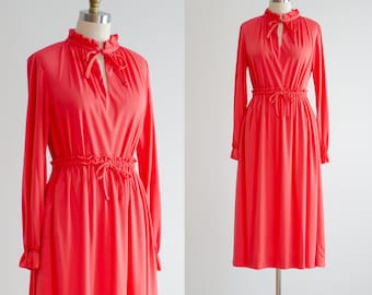 pink skirt set 70s vintage bright coral orange silky long sleeve shirt and skirt