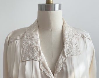 cream silk blouse 90s vintage Paul Alexander lace collar blouse