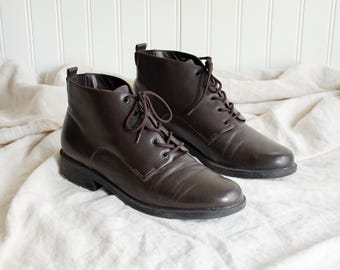 Botas de cuero marrón, estilo años 90, vintage, tacón grueso, botines con cordones, talla estadounidense 8.5 9