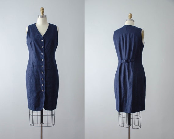 minimal navy blue linen dress | 1990s dress