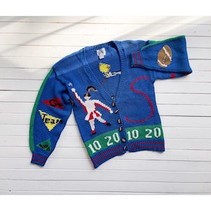 vtg Windcrest football cheerleader referee letterman hand knit cardigan sweater