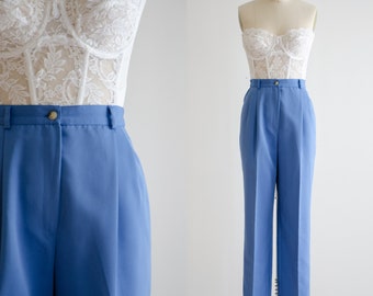 high waisted pants 80s 90s vintage blue pleated straight leg trousers