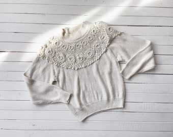 cream crochet sweater 80s 90s vintage white mockneck lace collar sweater