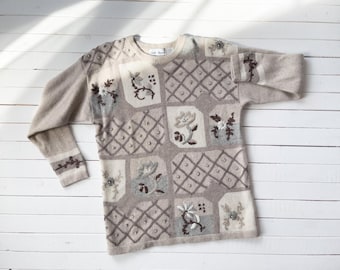 vintage beige cream floral patchwork wool angora embroidered sweater