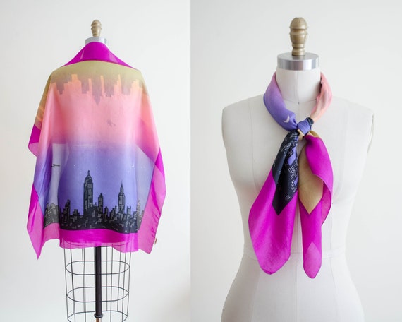 rare 1950s novelty print silk scarf | city skyline