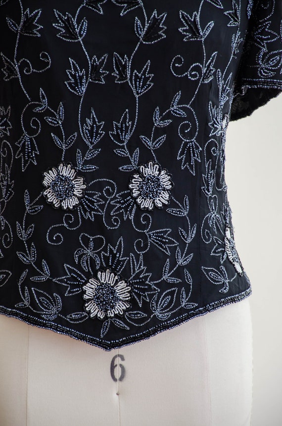 black beaded top | 80s vintage black floral silk … - image 3