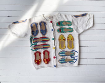 embroidered sweater 90s vintage Susan Bristol shoes novelty art to wear short sleeve cardigan