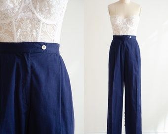 high waisted pants 70s 80s vintage Evan Picone navy blue straight leg trousers