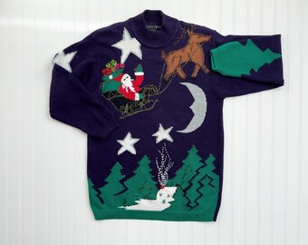 vtg I.B. Diffusion Santa Claus reindeer moon stars sweater size M
