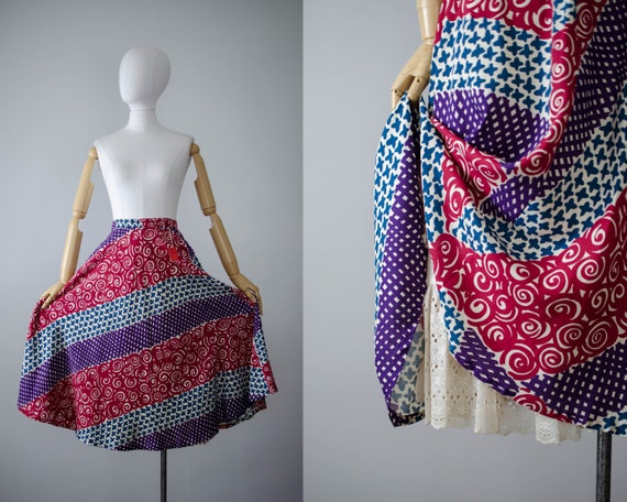 calico skirt | 1970s peasant skirt | red cotton mi