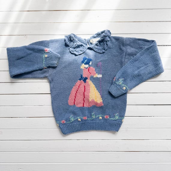 vtg Eagles Eye blue Little Bo Peep sheep hand knit sweater