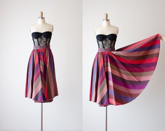 rainbow striped skirt | 50s vintage red pink green plaid taffeta cottagecore fit and flare midi circle skirt