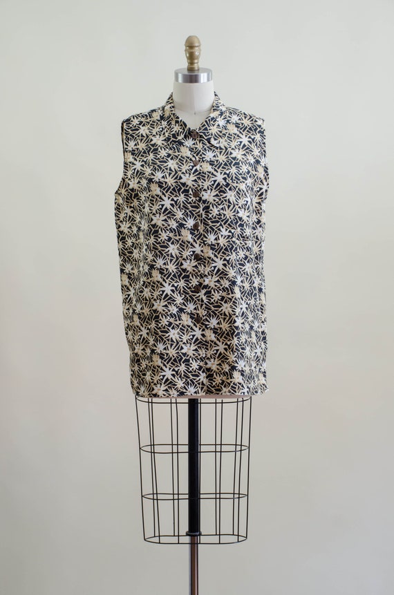 silk daisy blouse | 90s vintage black beige white… - image 4