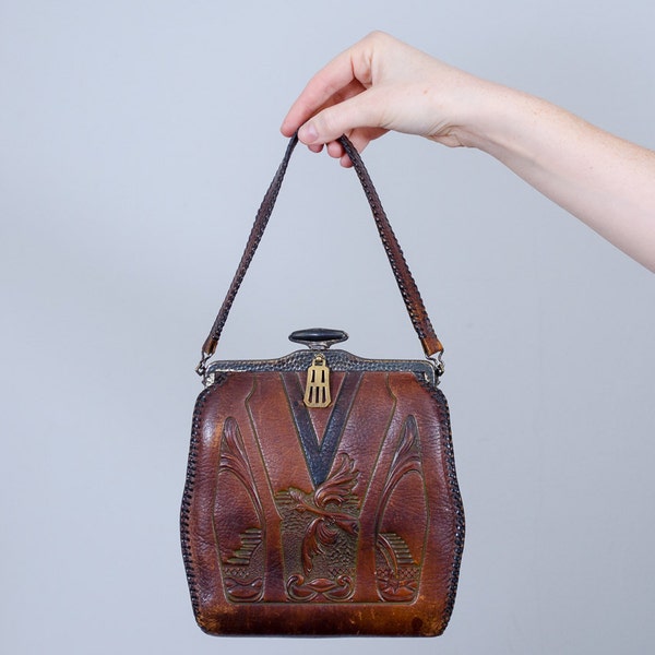 1910s vintage purse / tooled leather purse / Phoenix Rising