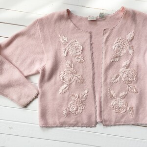 pastel pink sweater 80s 90s vintage soft fuzzy ribbon embroidered cardigan image 2