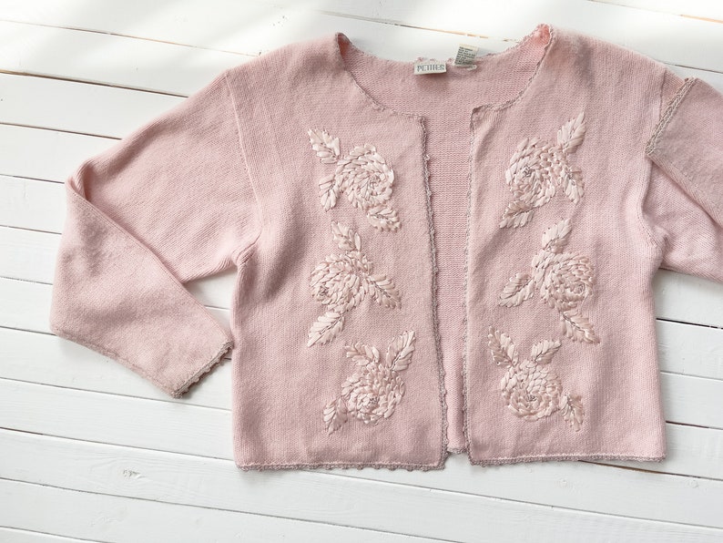 pastel pink sweater 80s 90s vintage soft fuzzy ribbon embroidered cardigan image 2