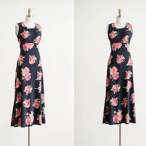 90s black floral maxi dress pink peony floral bias cut sleeveless vtg slip dress