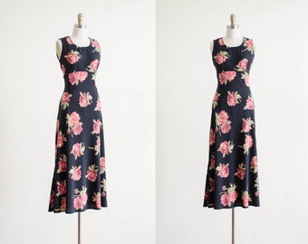 90s black floral maxi dress | 30s style pink peony floral bias cut sleeveless vintage slip dress