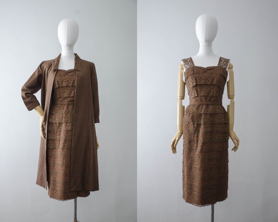 1950s dress and jacket set | brown lace wiggle dre