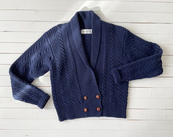 navy wool sweater 80s 90s vintage dark blue cable knit cropped cardigan
