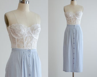 blue midi skirt 80s 90s plus size vintage pastel blue white gingham plaid skirt