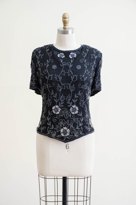 black beaded top | 80s vintage black floral silk … - image 5