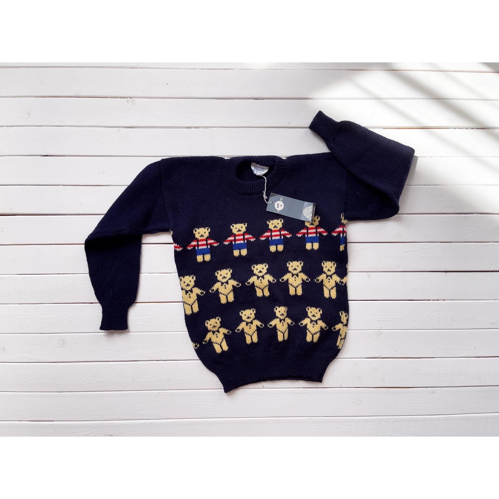 Chrissy Norman Vtg Childs Navy Blue Wool Teddy Bear Sweater - Etsy UK