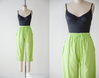 lime green pants | 80s 90s vintage bright neon green loose baggy cotton cropped pants capris