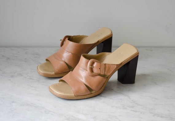 Tan Leather Mules 90s Y2k Platform Chunky Heel Open Toe High Heel