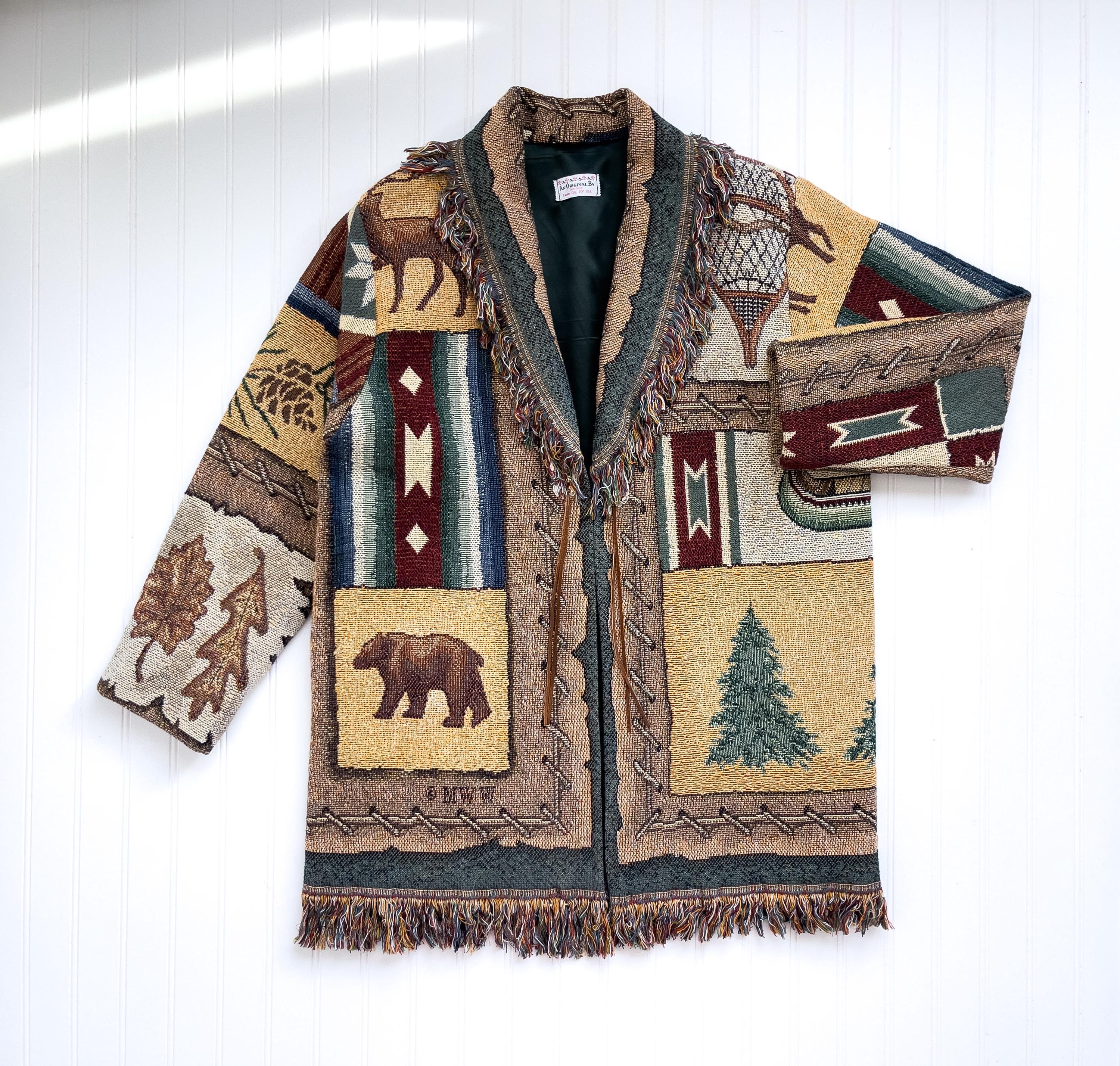 TRUE GRIT ウール ジャケット アニマル バッファロー USA製 甚平風 Vtg Jan's Jems Bear Deer Fish Rustic Woven Tapestry Blanket Jacket