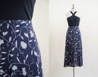 navy silk chiffon skirt | 90s y2k vintage Jones New York dark blue silver floral dark academia long flowy midi skirt