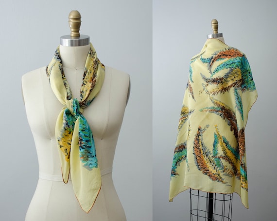 large square scarf | 1940s silk scarf | feather no