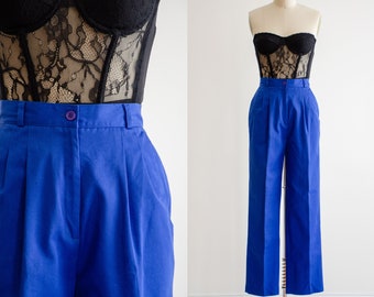 high waisted pants | 80s vintage Neil Martin blue cotton pleated straight leg trousers