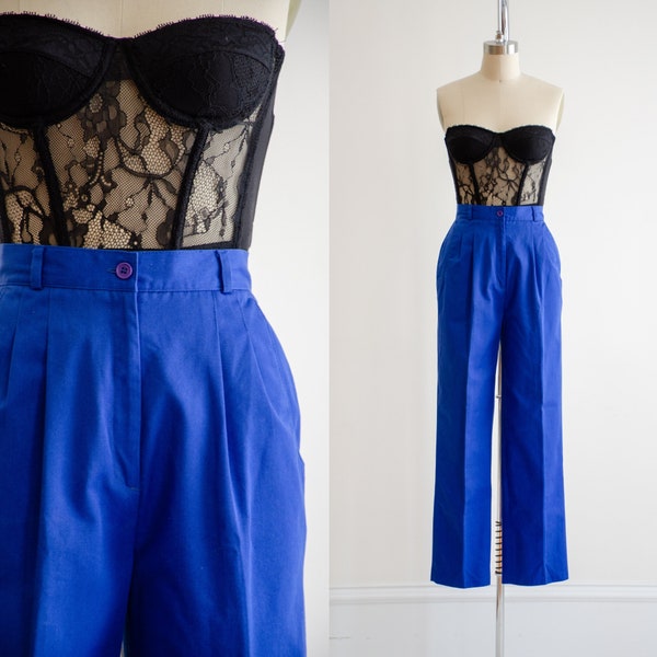 high waisted pants | 80s vintage Neil Martin blue cotton pleated straight leg trousers