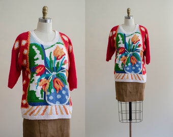 scenic sweater | red floral sweater | short sleeve sweater