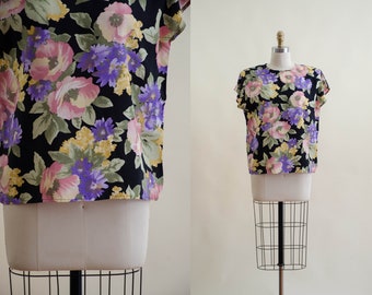 black floral blouse | 80s vintage pink romantic floral boxy oversized rayon blouse